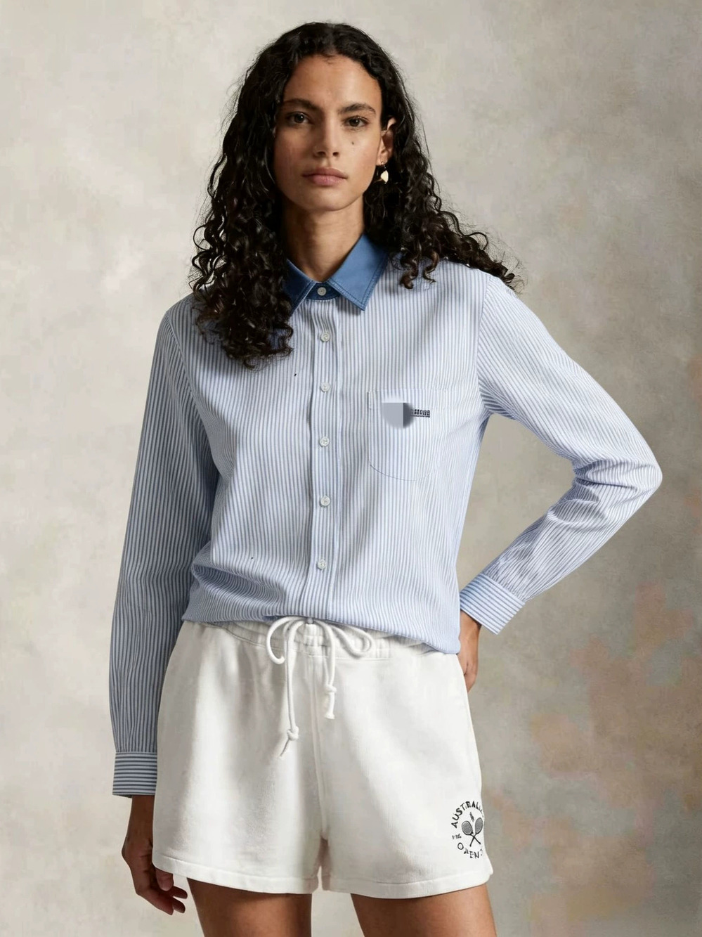 Zara Autumn Blue White Vertical Striped Contrast Collar Long Sleeve Shirt